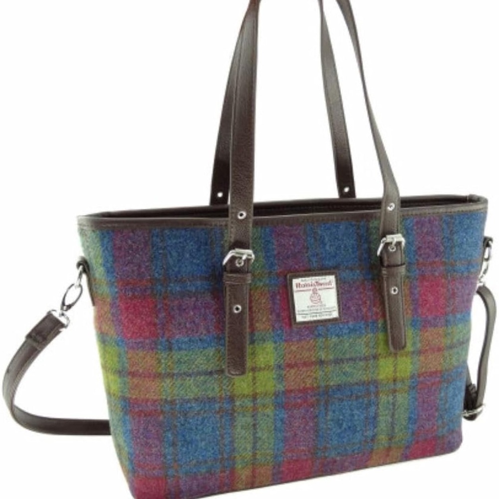 Glen Applin Harris Tweed Large Tote Bag with Shoulder Strap -multi color tartan